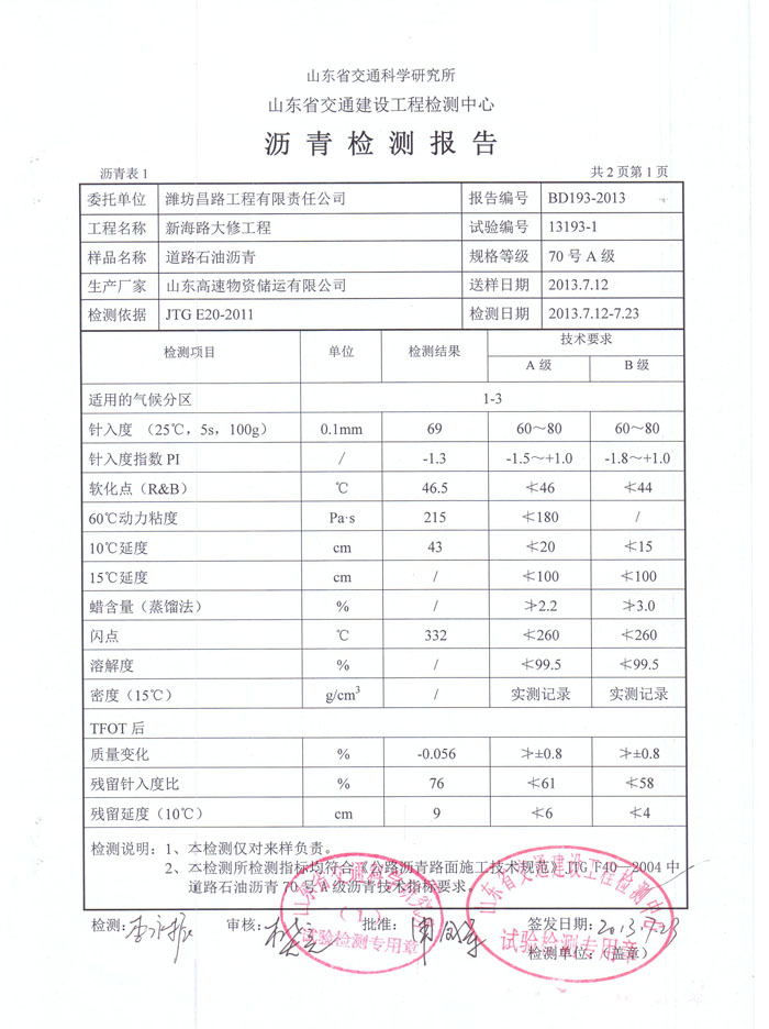 瀝青檢測(cè)報(bào)告